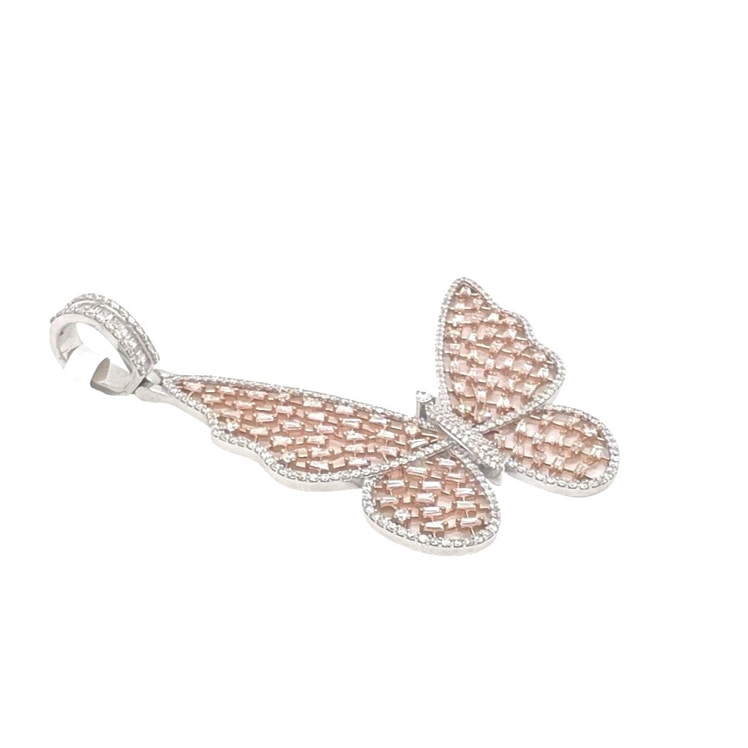 10K Rose White Gold Butterfly Baguette VS Diamond Pendant 5.5 CT 3"