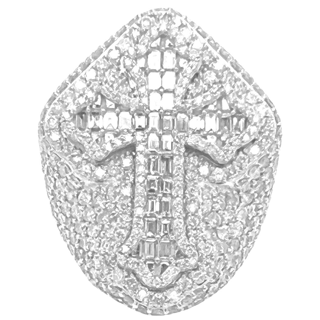 10K White Gold 33MM 3D Gothic Cross VS Emerald Diamond Ring 6.66 CT
