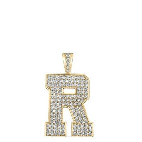 10K Yellow Gold Block Letter R Initial Diamond Pendant 2.25 CT 1.6"