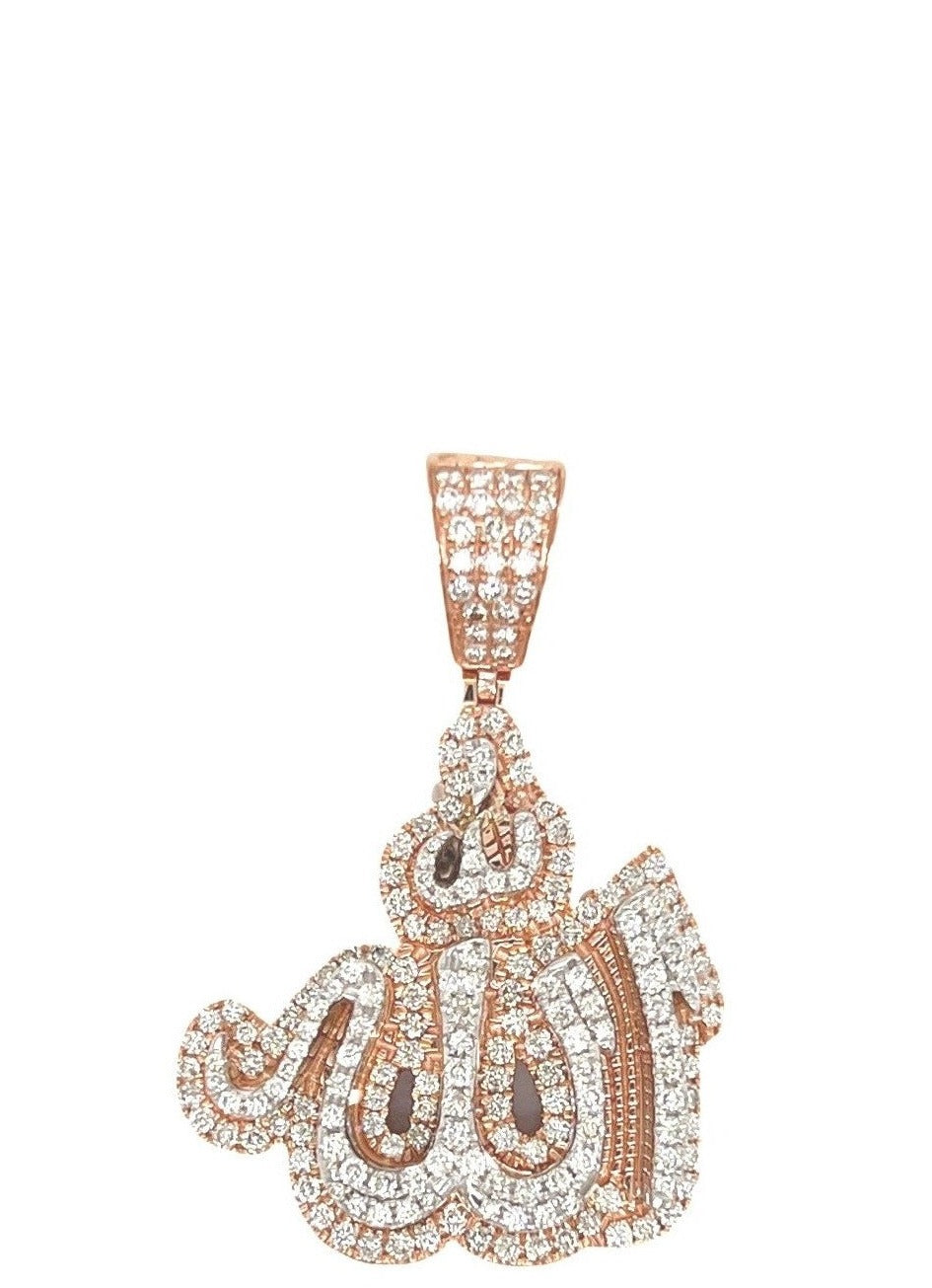 10K Rose White Gold 3D Arabic Allah Diamond Pendant 2.3 CT 1.75"