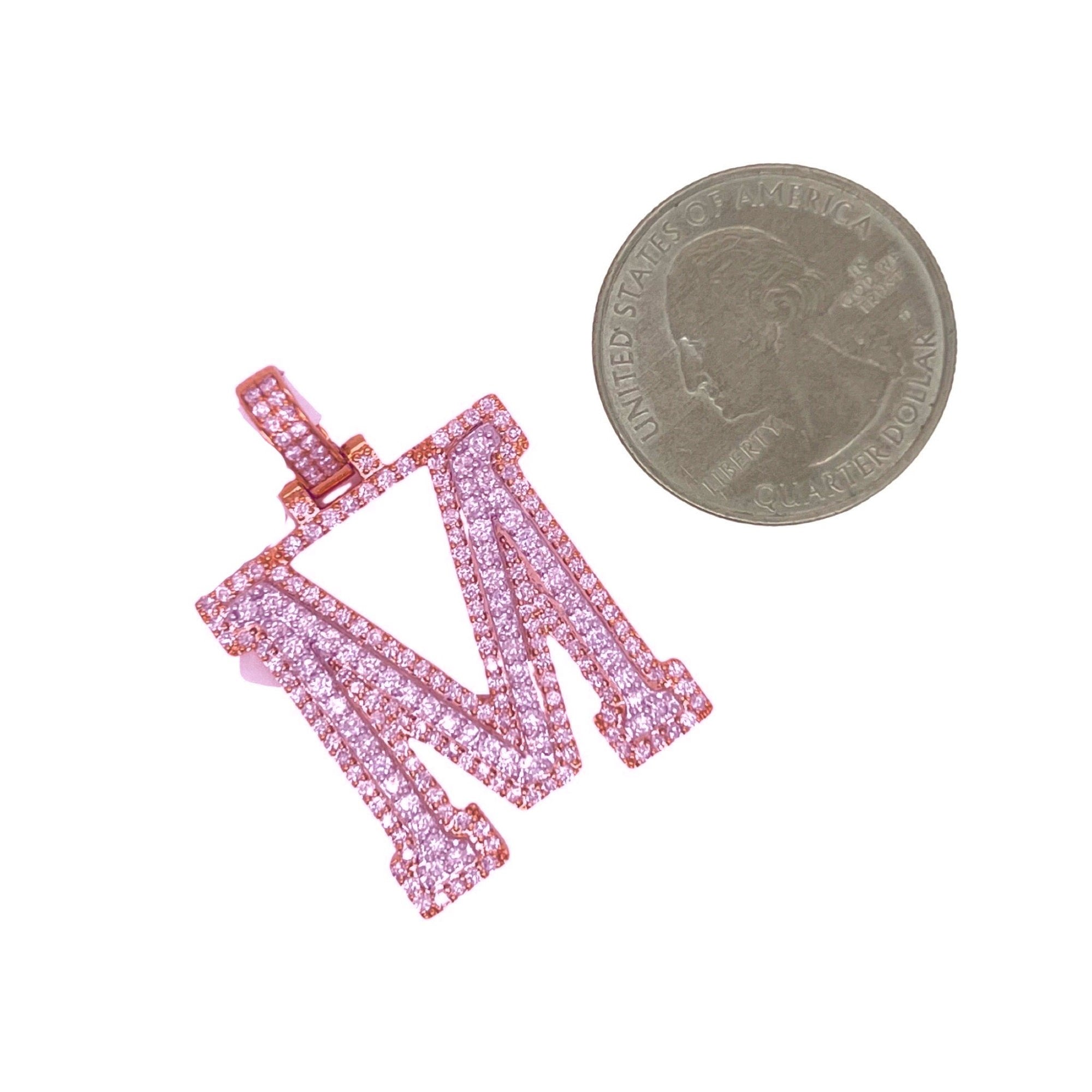 10K Rose White Gold 3D Letter M Initial Diamond Pendant 1.9 CT 1.5"