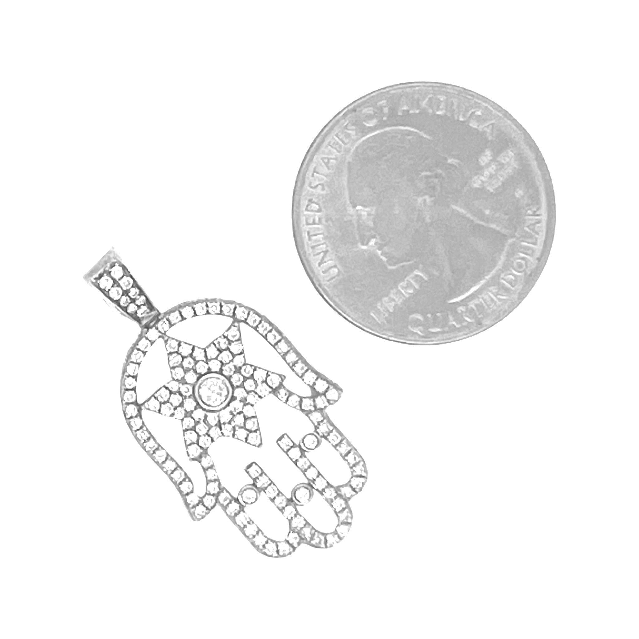 14K White Gold 3D Hamsa Star of David Diamond Pendant 2.01 CT 1.6"