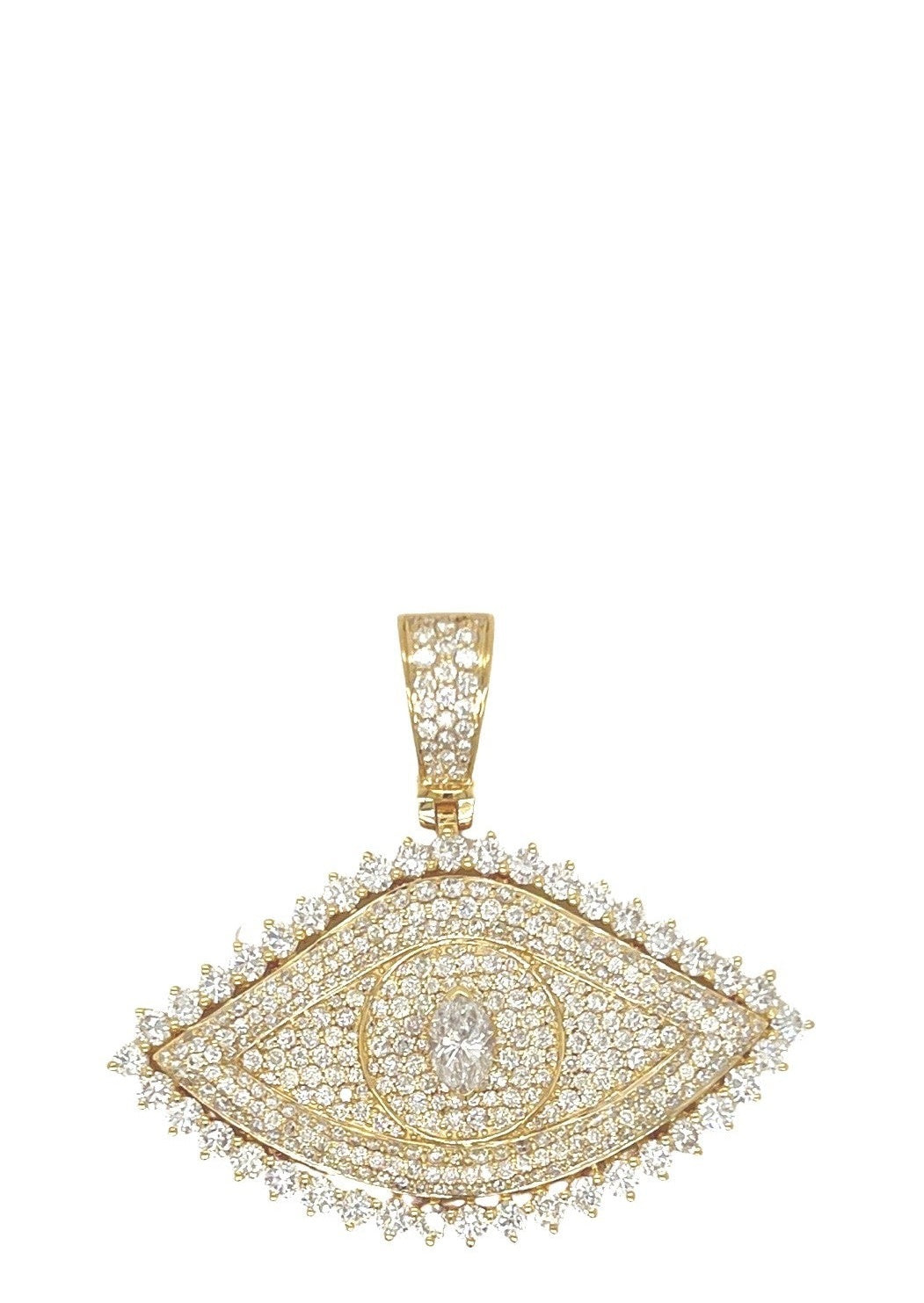 10K Yellow Gold 3D Evil Eye Marquise Solitaire VS Diamond Pendant 4.0 CT 1.45"