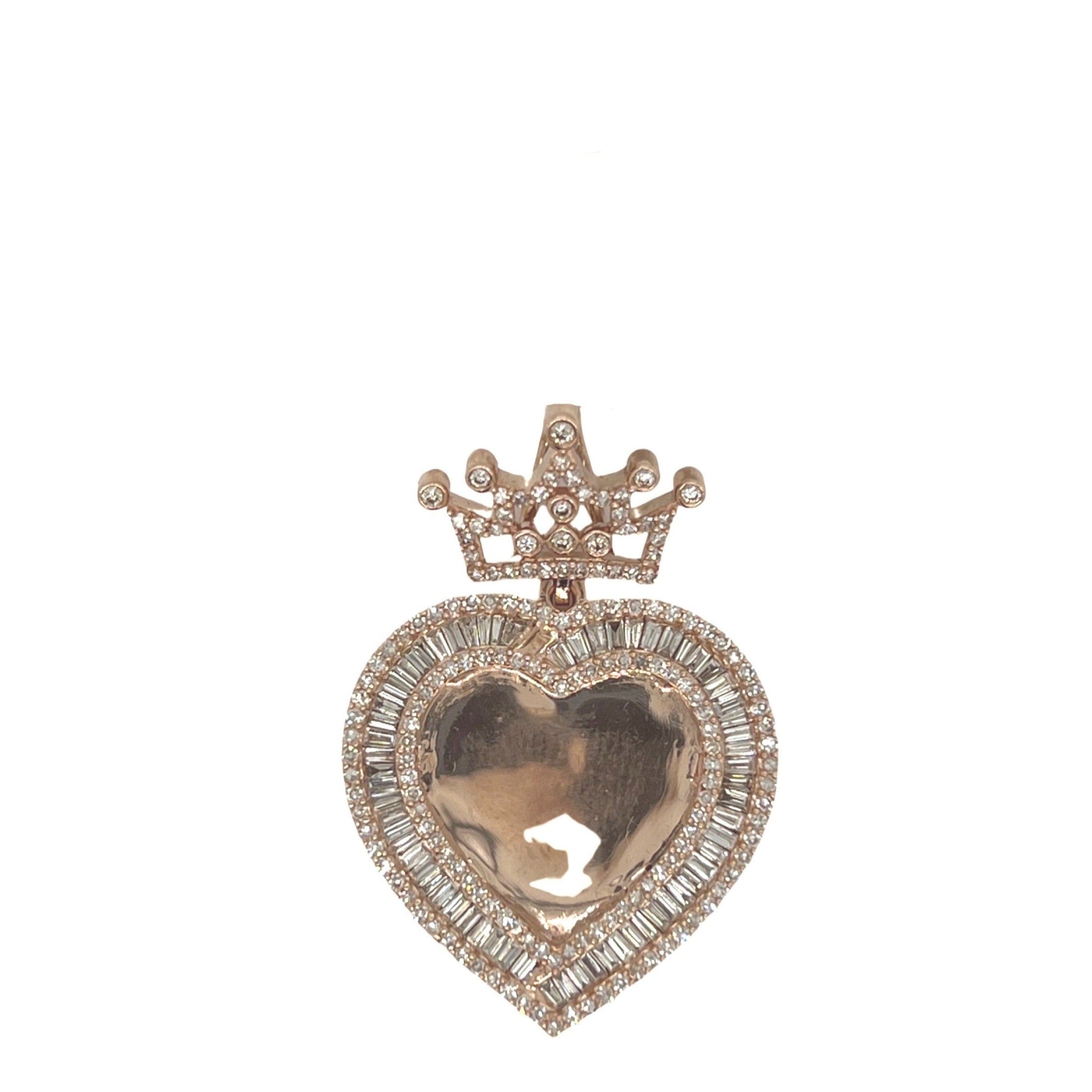 10K Rose Gold Crown Heart Memory Frame Diamond Pendant 2.04 CT 1.6"