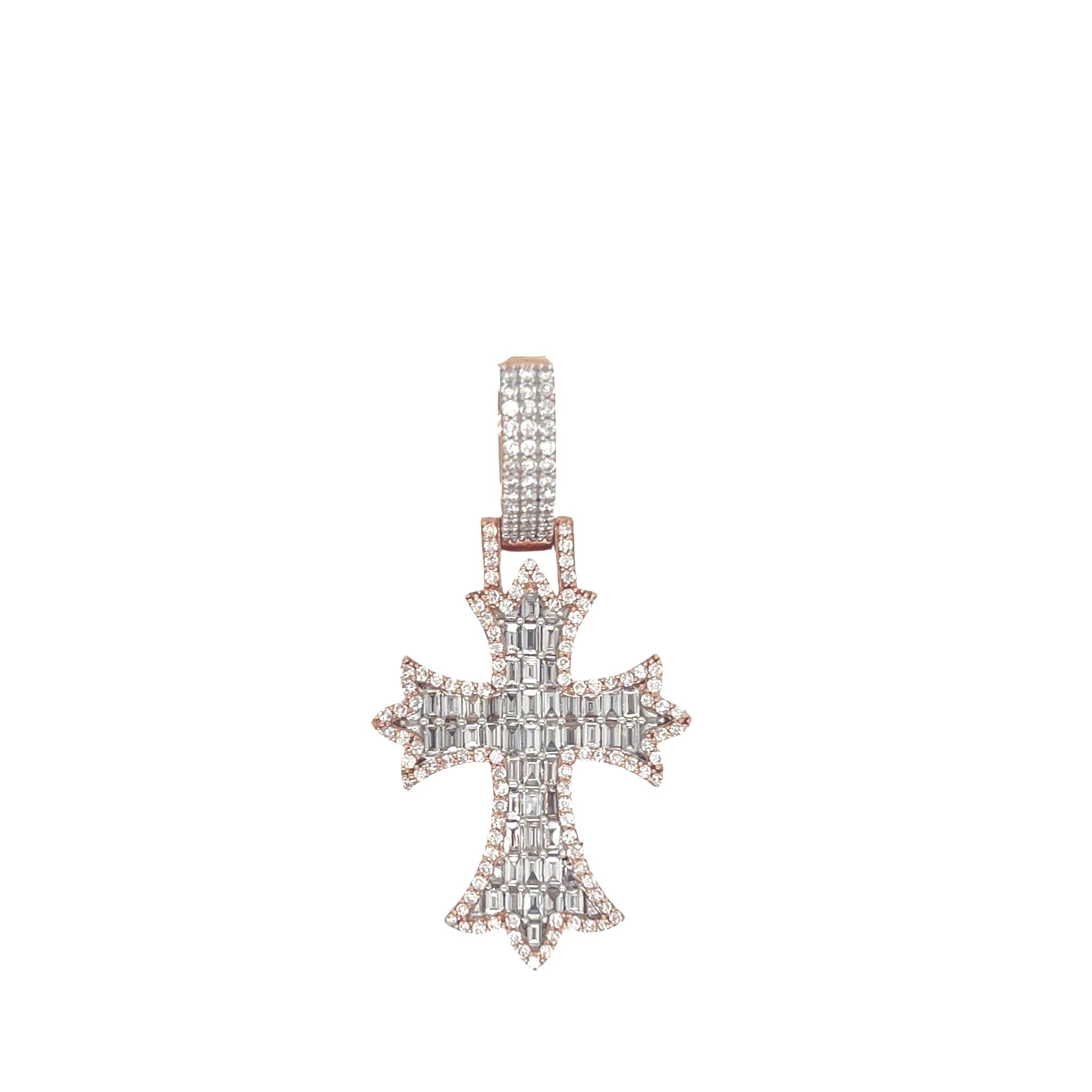10K Rose Gold Designer Emerald VS Diamond Cross Pendant 2.10 CT 1.8"