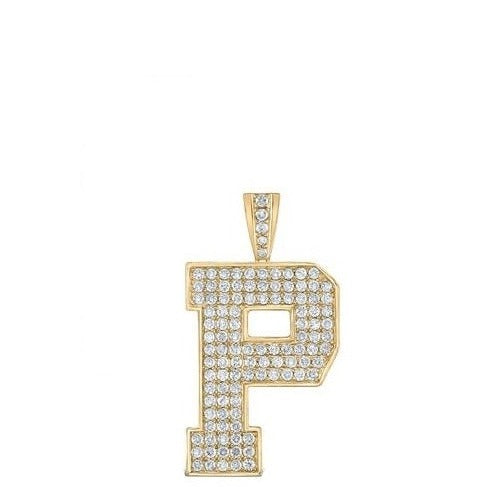 10K Yellow Gold Block Letter P Initial Diamond Pendant 1.75 CT 1.6"