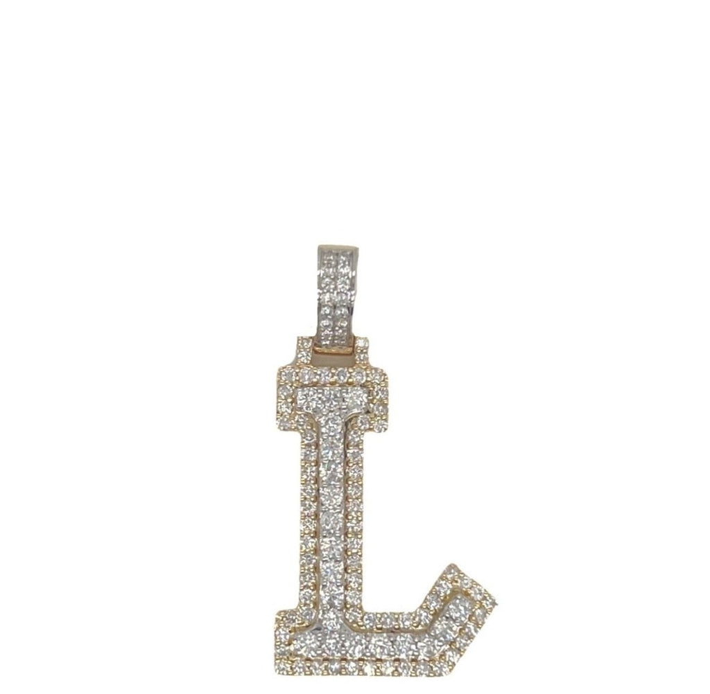 10K Yellow White Gold 3D Letter L Initial Diamond Pendant 1.44 CT 1.5"