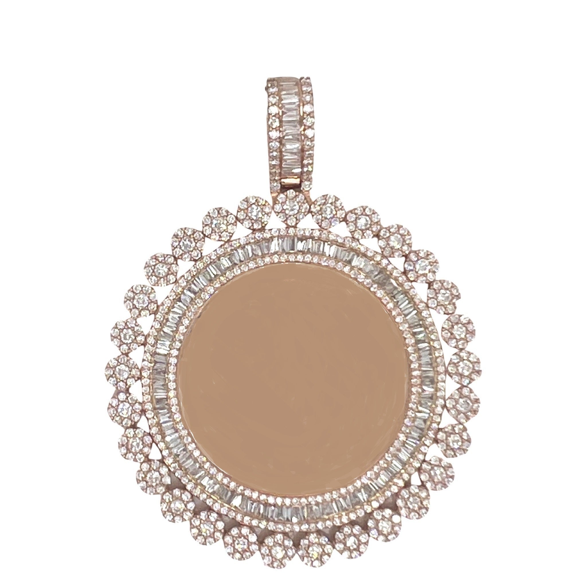 10K Rose Gold Memory Frame Cluster Baguette Diamond Pendant 5.94 CT 2.6"