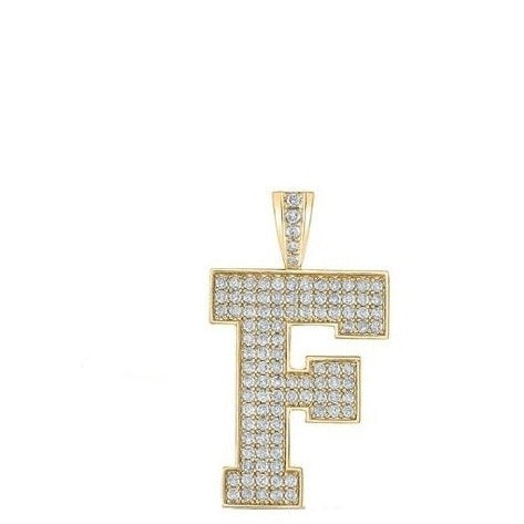 10K Yellow Gold Block Letter F Initial Diamond Pendant 1.75 CT 1.6"
