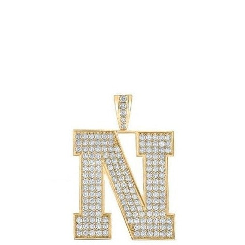 10K Yellow Gold Block Letter N Initial Diamond Pendant 2.83 CT 1.6"