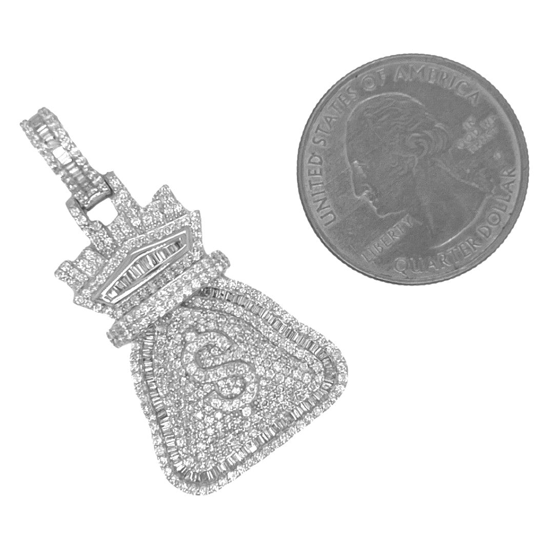 10K White Gold Moneybag $ Sign Baguette VS Diamond Pendant 2.16 CT 1.2"