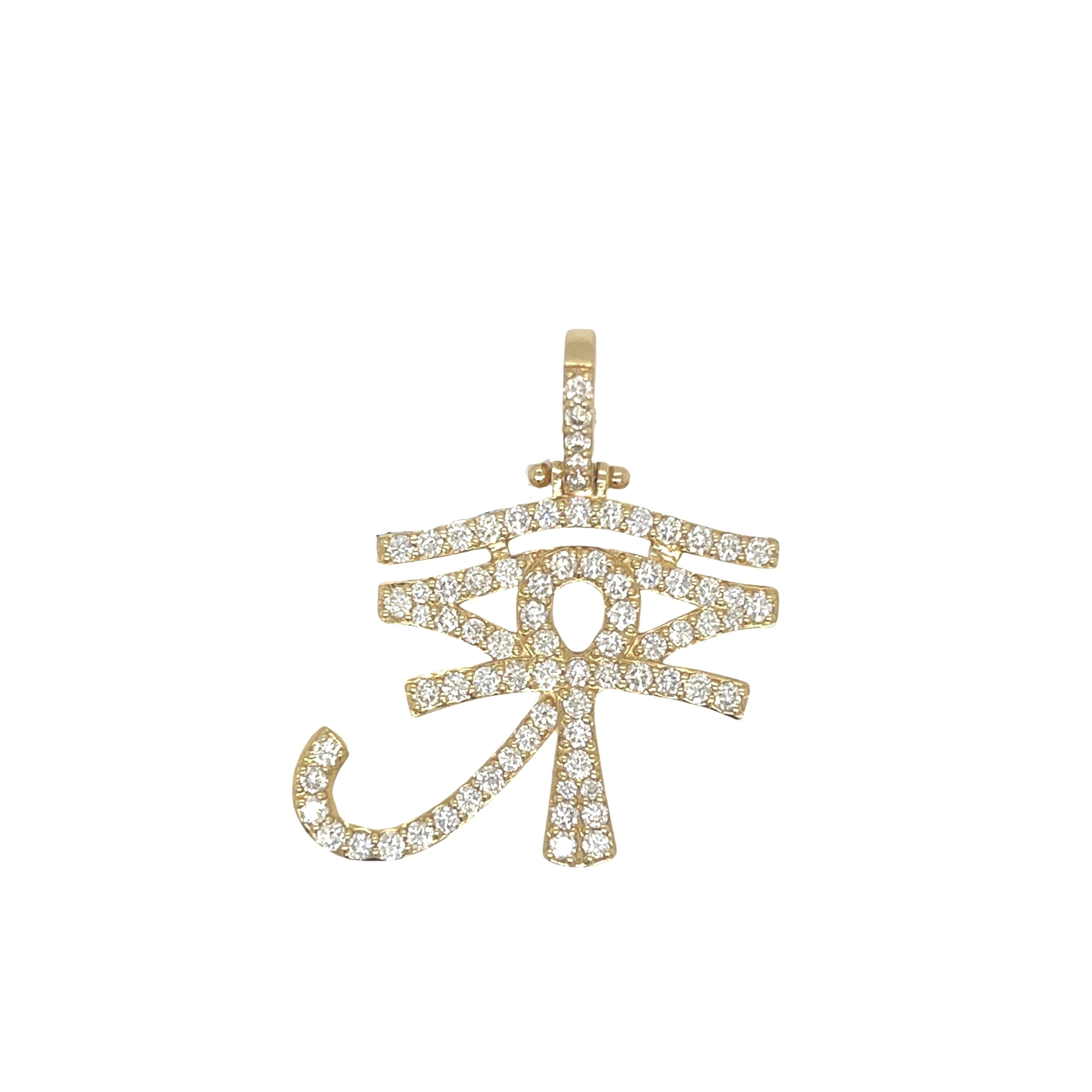 14K Yellow Gold Egyptian Ra Eye Ankh Diamond Cross Pendant 2.04 CT 1.4"