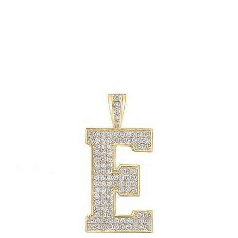 10K Yellow Gold Block Letter E Initial Diamond Pendant 1.75 CT 1.6"