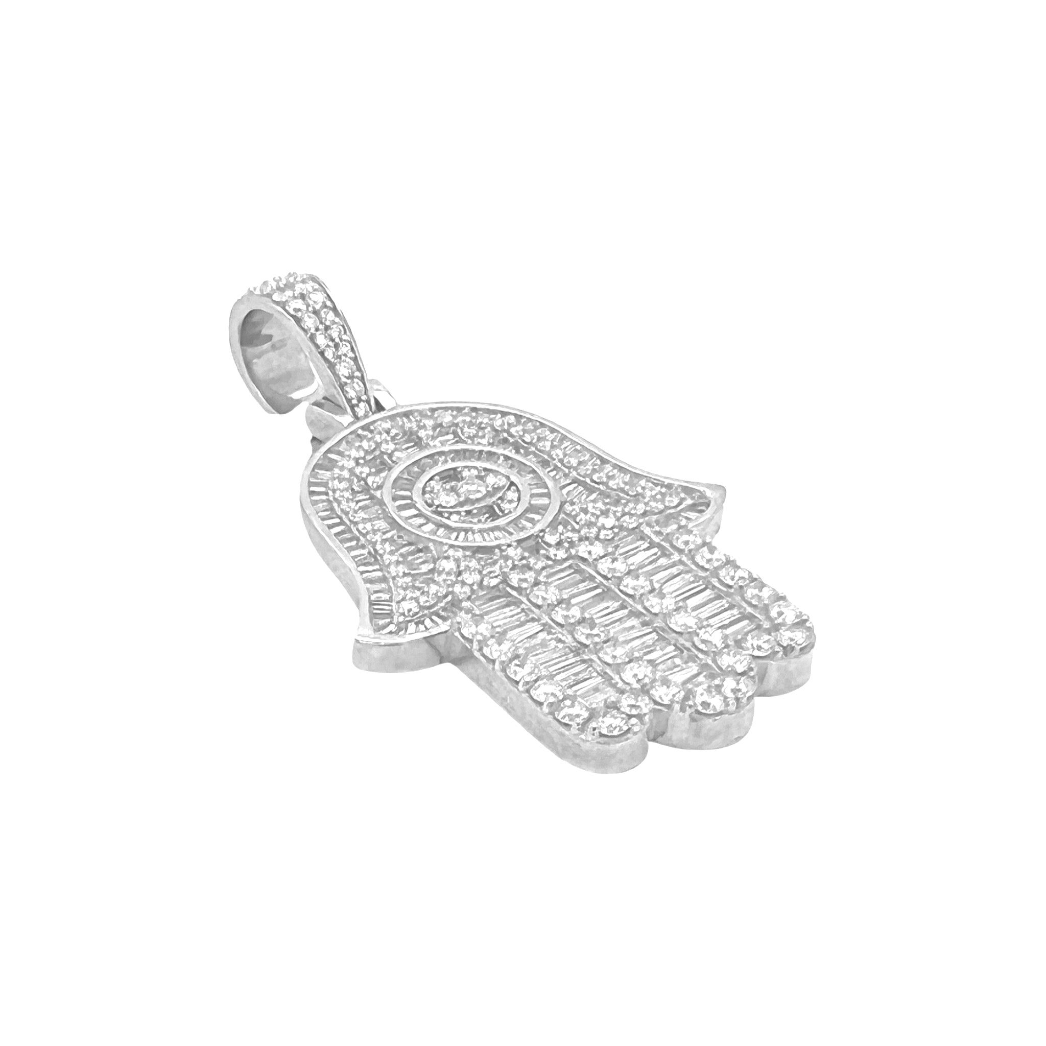 10K White Gold Hamsa Evil Eye Baguette Diamond Pendant 4.73 CT 2.2"