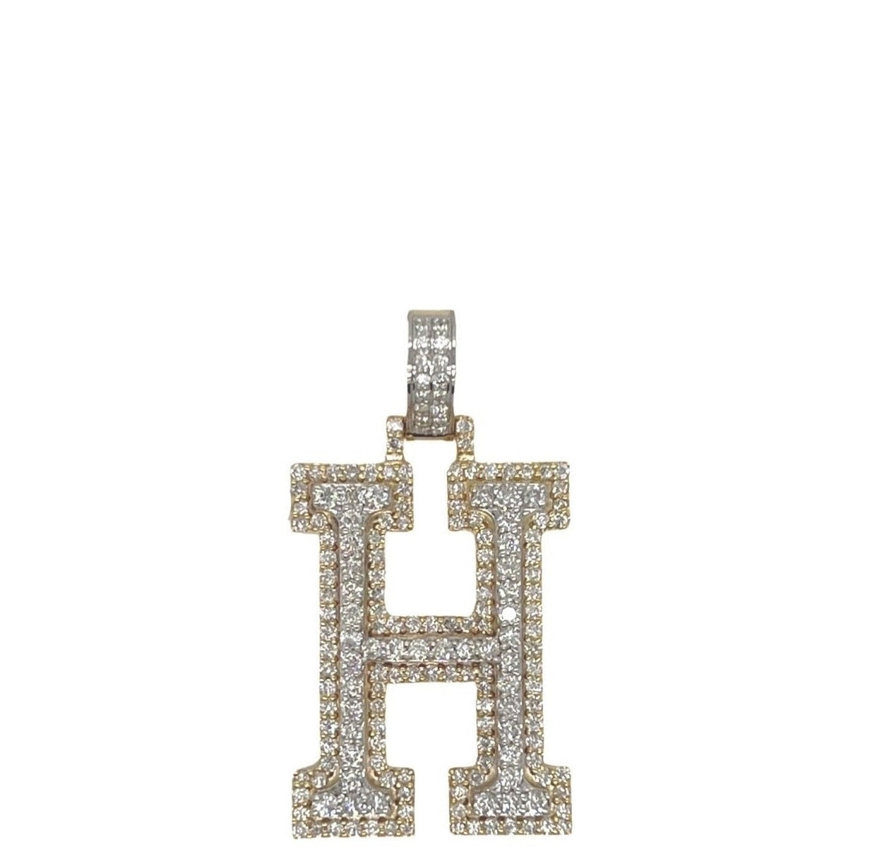 10K Yellow White Gold 3D Letter H Initial Diamond Pendant 1.68 CT 1.5"