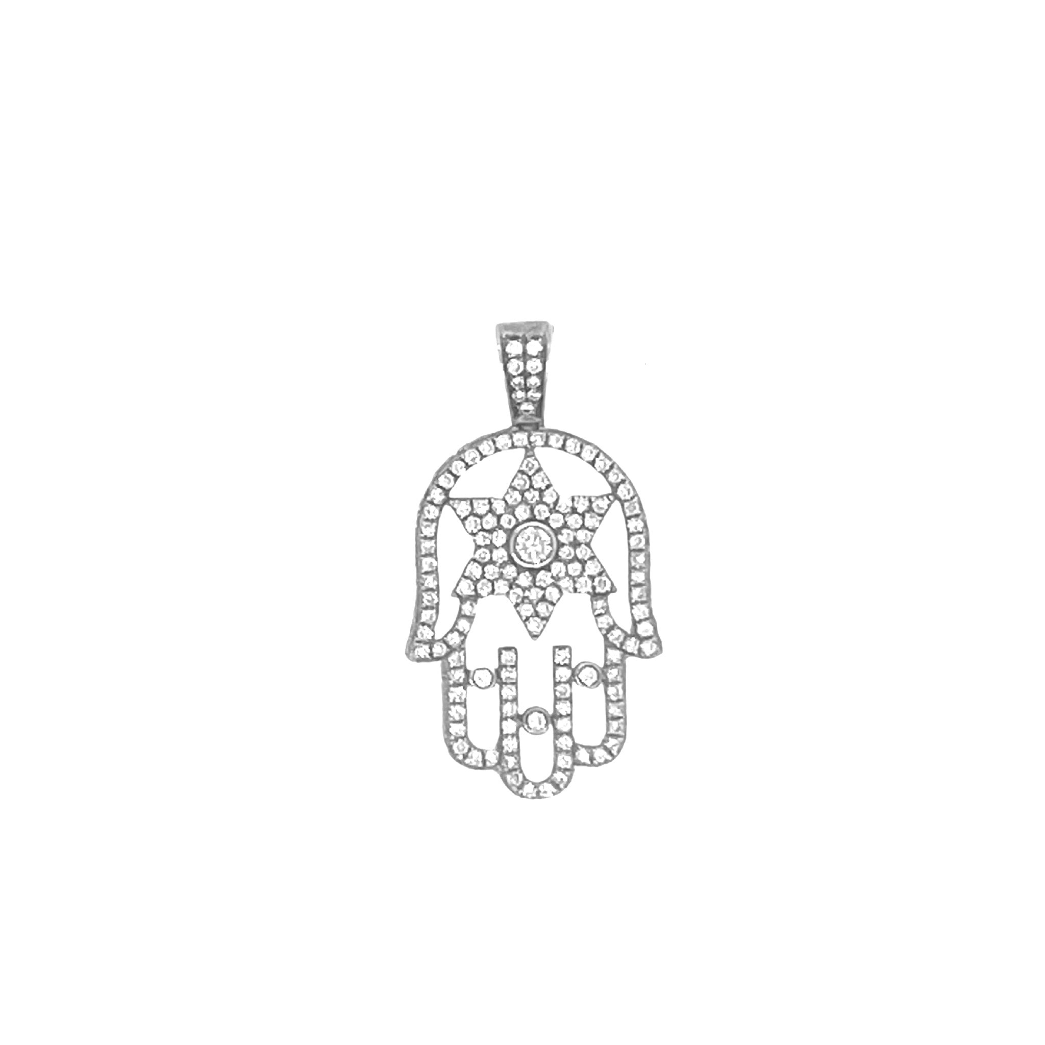 14K White Gold 3D Hamsa Star of David Diamond Pendant 2.01 CT 1.6"