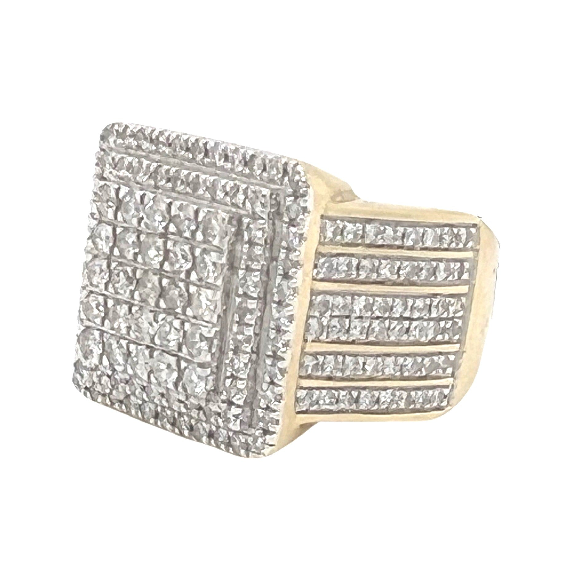 Mens 10K Yellow Gold Square Top Pave Diamond Ring 2.5 CT