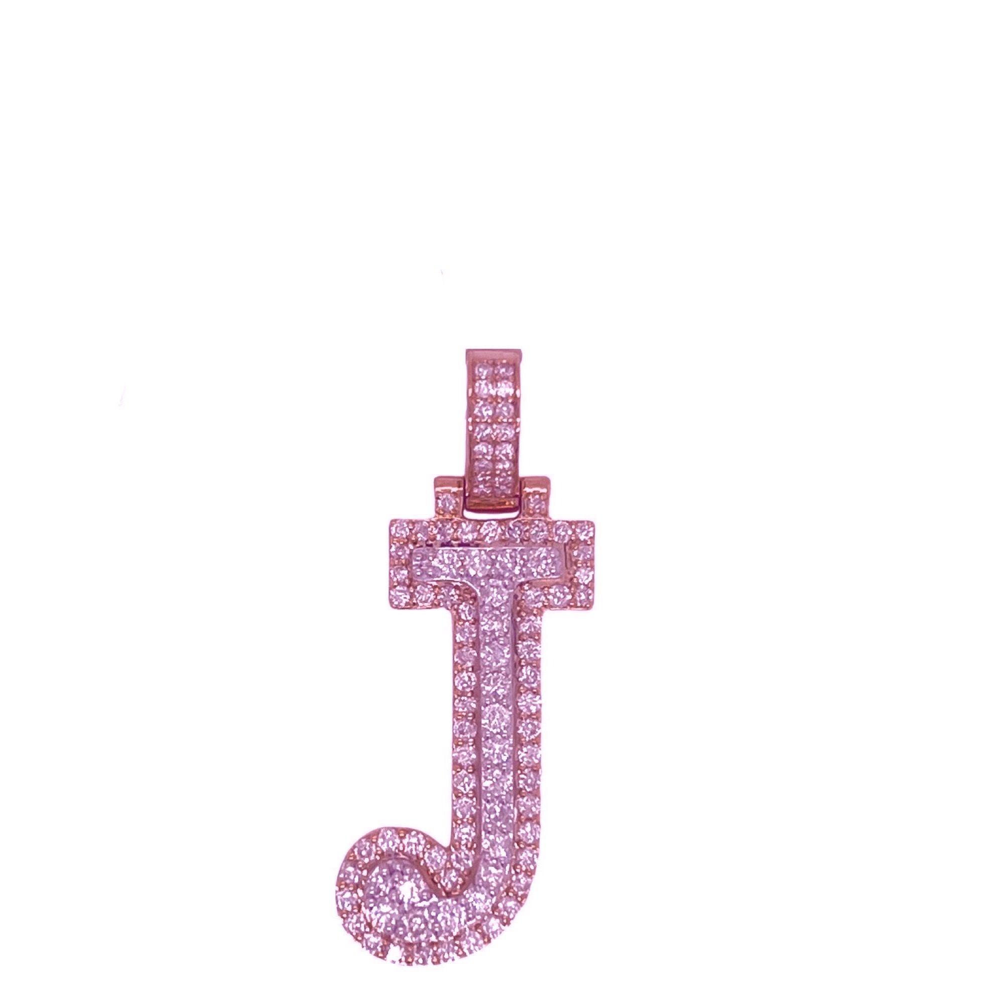 10K Rose White Gold 3D Letter J Initial Diamond Pendant 1.16 CT 1.5"