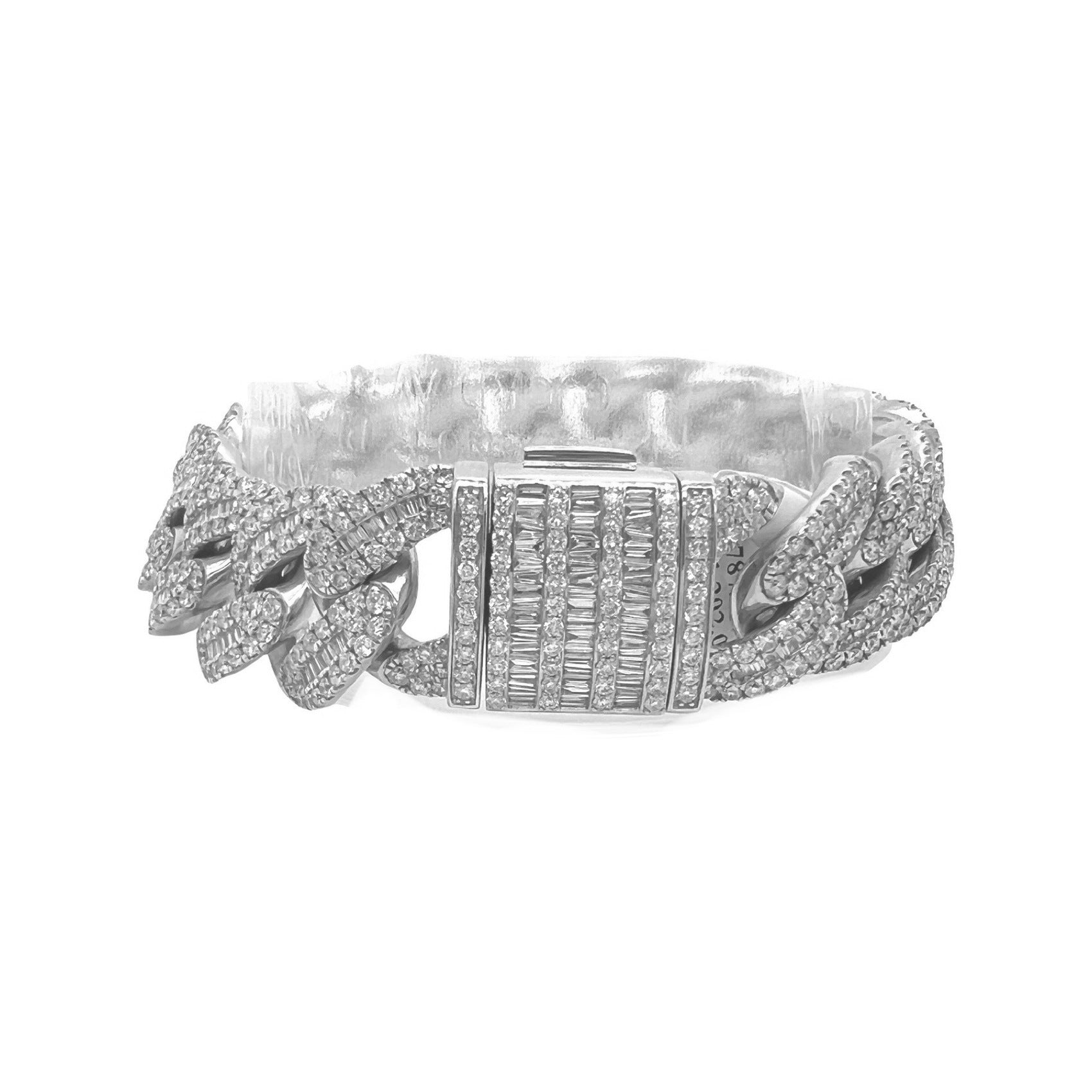 10K White Gold 18MM Miami Cuban Baguette Diamond Bracelet 14.36 CT 8"