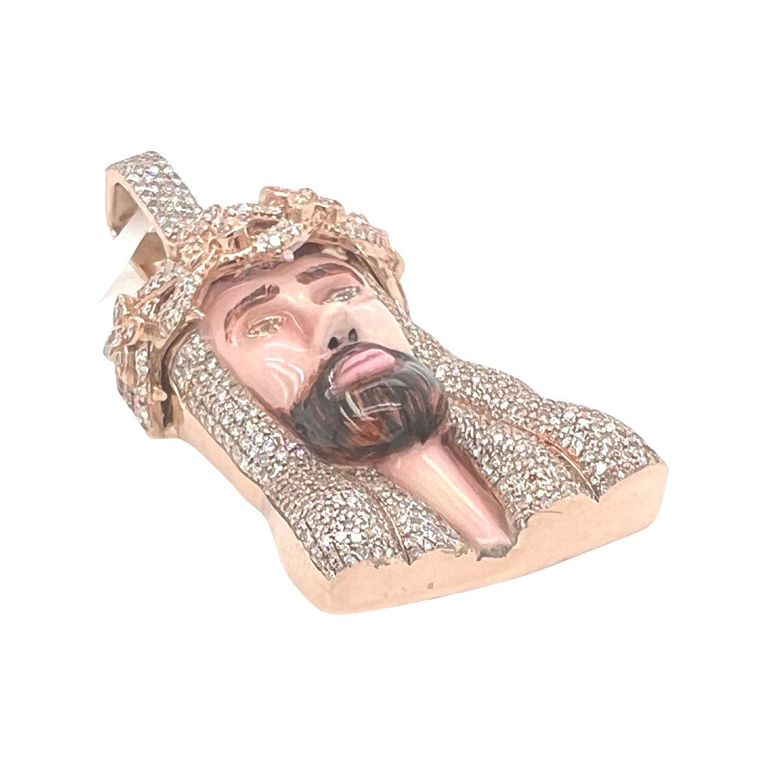 10K Rose Gold Enamel Crown Jesus Head Diamond Pendant 2.87 CT 2"