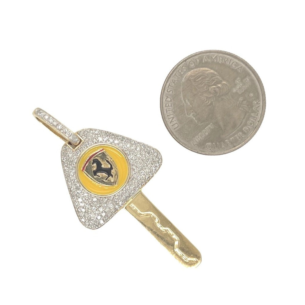 10K Yellow Gold Ferrari Car Key Diamond Pendant 0.81 CT 2"