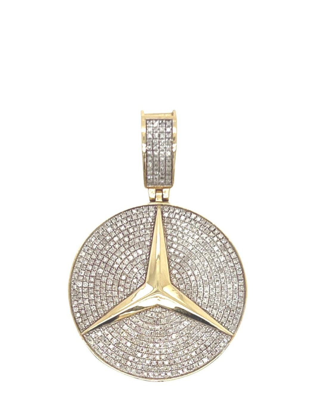 10K Yellow Gold Mercedes Logo Medallion Iced Diamond Pendant 1.45 CT 1.7"