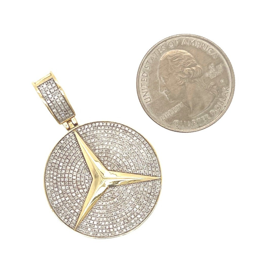 10K Yellow Gold Mercedes Logo Medallion Iced Diamond Pendant 1.45 CT 1.7"