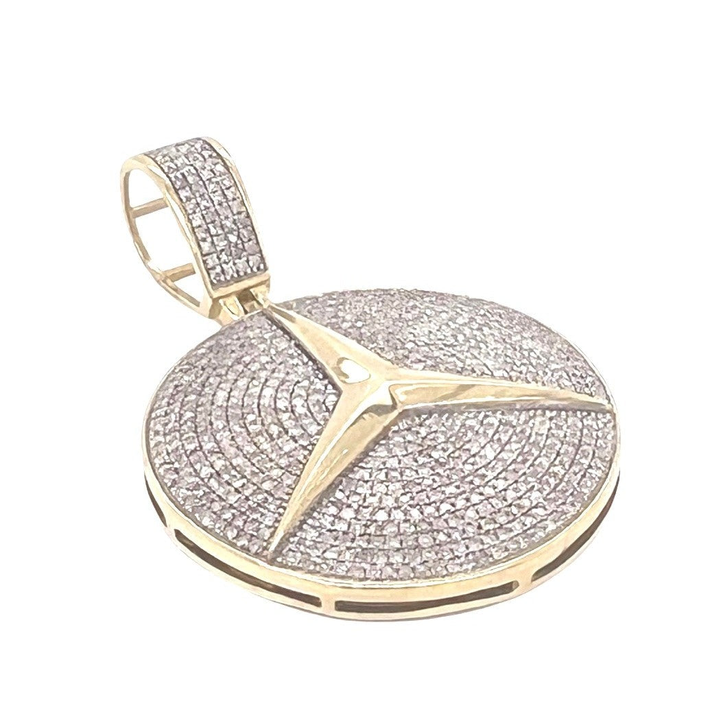 10K Yellow Gold Mercedes Logo Medallion Iced Diamond Pendant 1.45 CT 1.7"