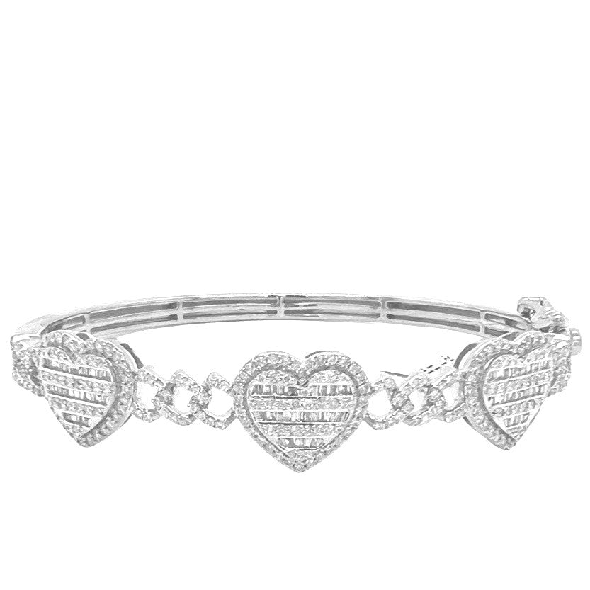 10K White Gold Designer Heart Baguette Diamond Bangle Bracelet 1.44 CT 7"