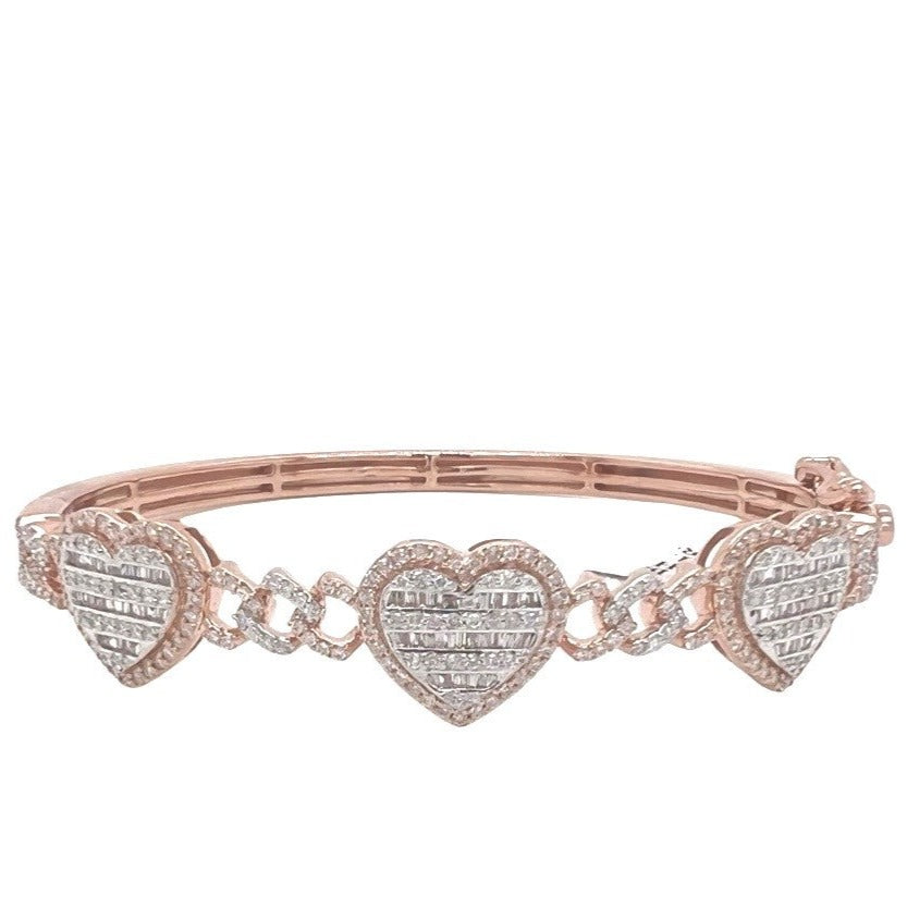 10K Rose Gold Designer Heart Baguette Diamond Bangle Bracelet 1.44 CT 7"