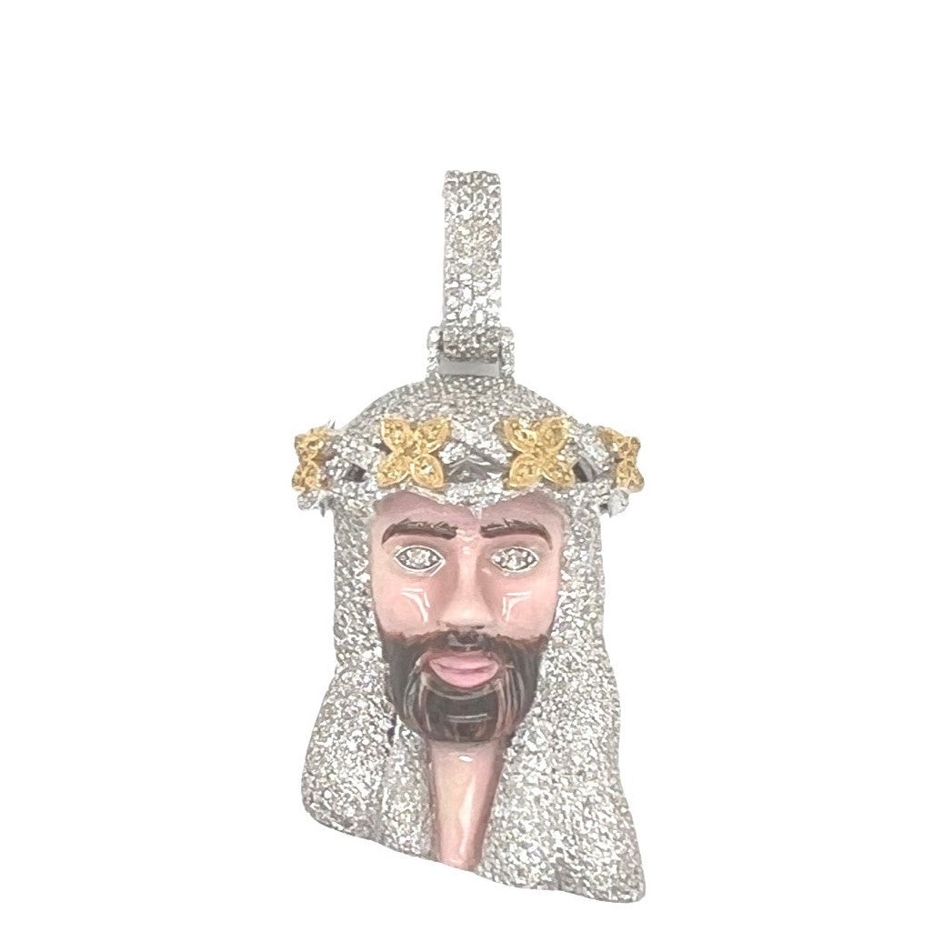 10K White Gold Enamel Crown Jesus Head Diamond Pendant 2.64 CT 2"