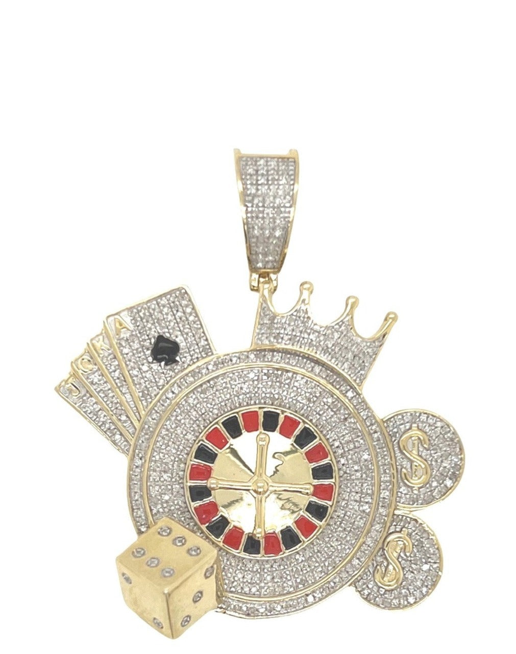 10K Yellow Gold Casino Rollet Dice Cards Money with Crown Diamond Pendant 0.80 CT 1.9"