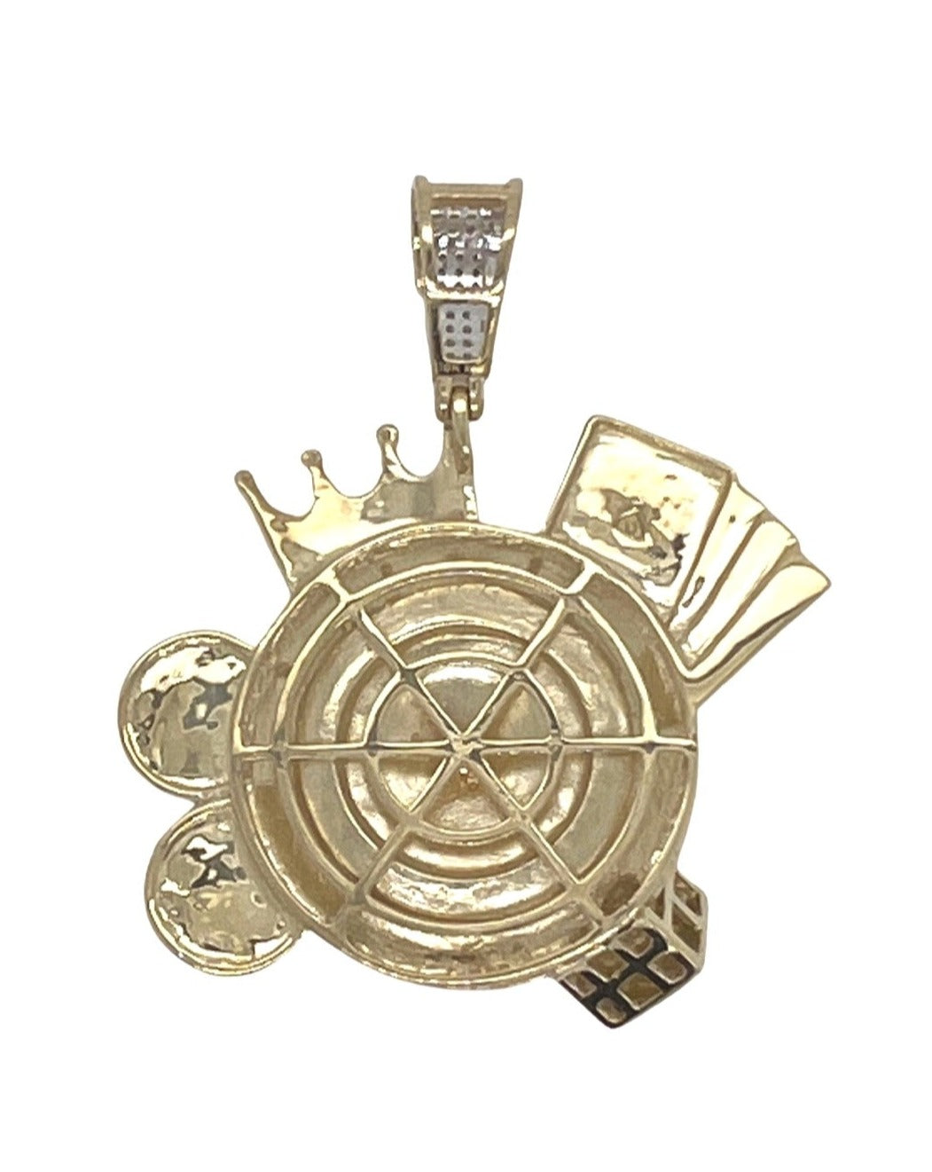 10K Yellow Gold Casino Rollet Dice Cards Money with Crown Diamond Pendant 0.80 CT 1.9"