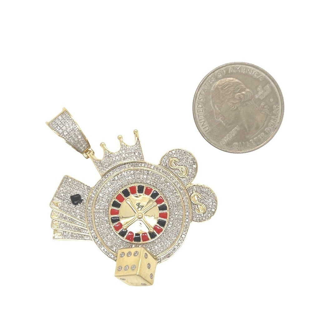 10K Yellow Gold Casino Rollet Dice Cards Money with Crown Diamond Pendant 0.80 CT 1.9"