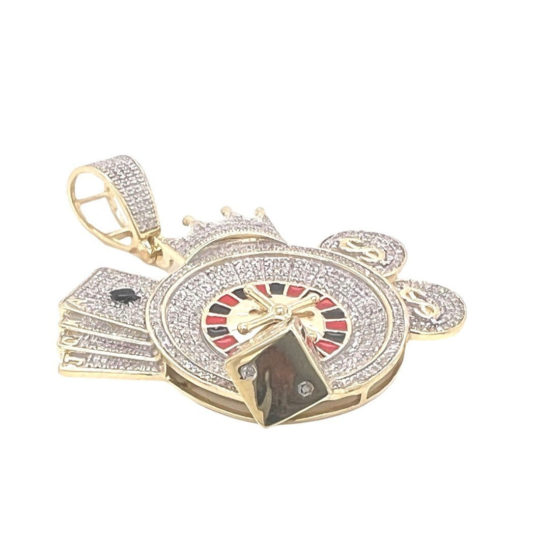 10K Yellow Gold Casino Rollet Dice Cards Money with Crown Diamond Pendant 0.80 CT 1.9"