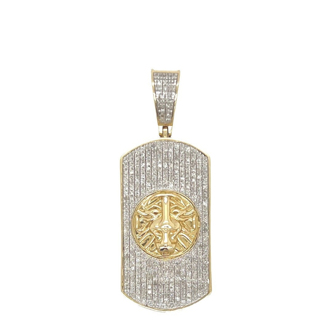 10K Yellow Gold Dog Tag Lion Head Iced Diamond Pendant 1.03 CT 1.8"