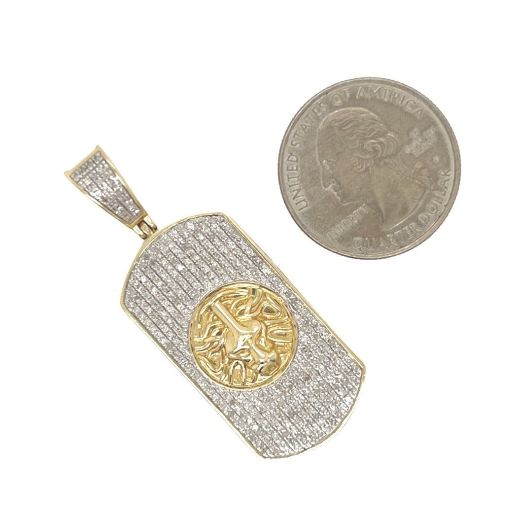 10K Yellow Gold Dog Tag Lion Head Iced Diamond Pendant 1.03 CT 1.8"