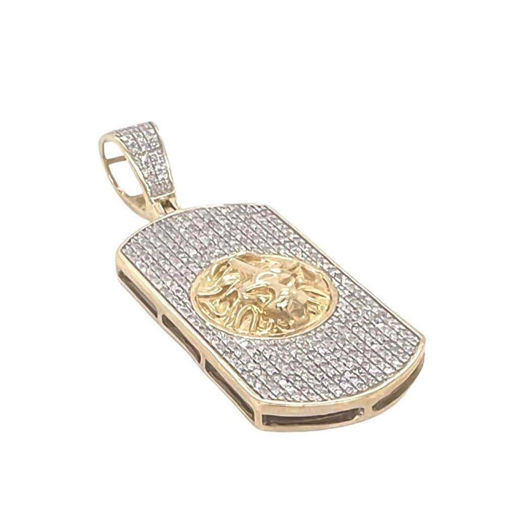 10K Yellow Gold Dog Tag Lion Head Iced Diamond Pendant 1.03 CT 1.8"