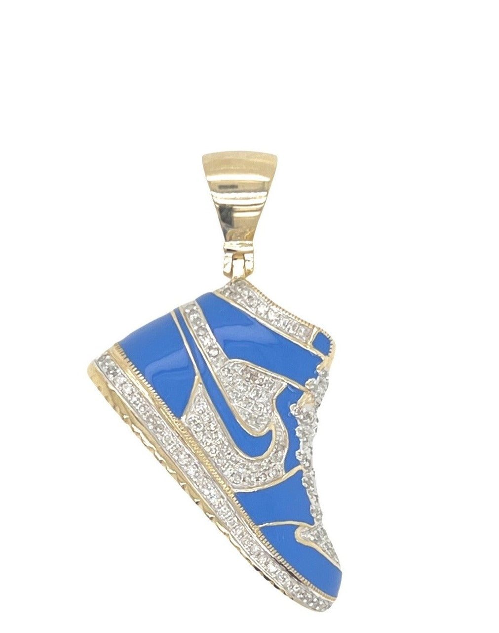 10K Yellow Gold Designer Blue Shoe Sneaker Trainer Diamond Pendant 0.55 CT 1.75"