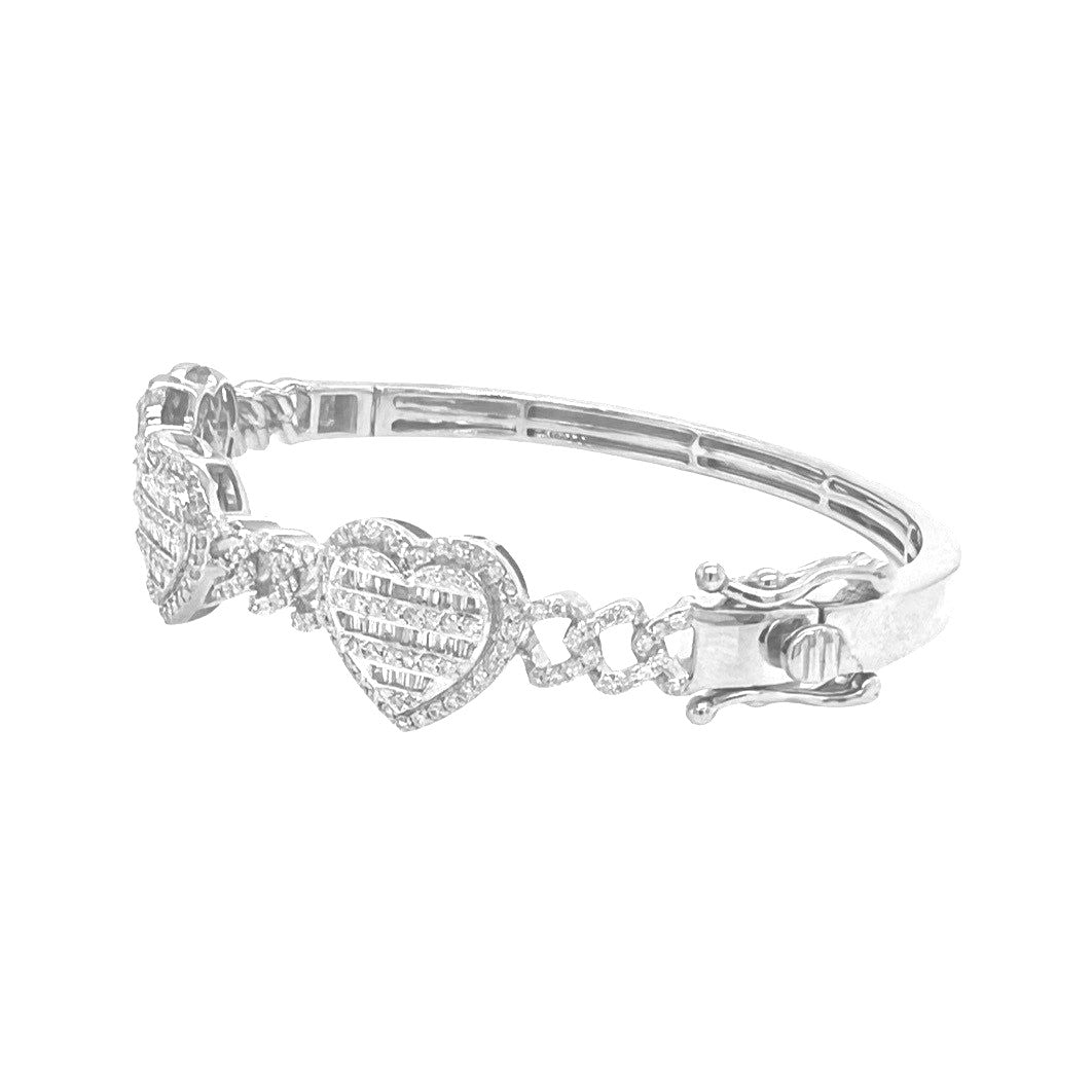 10K White Gold Designer Heart Baguette Diamond Bangle Bracelet 1.44 CT 7"