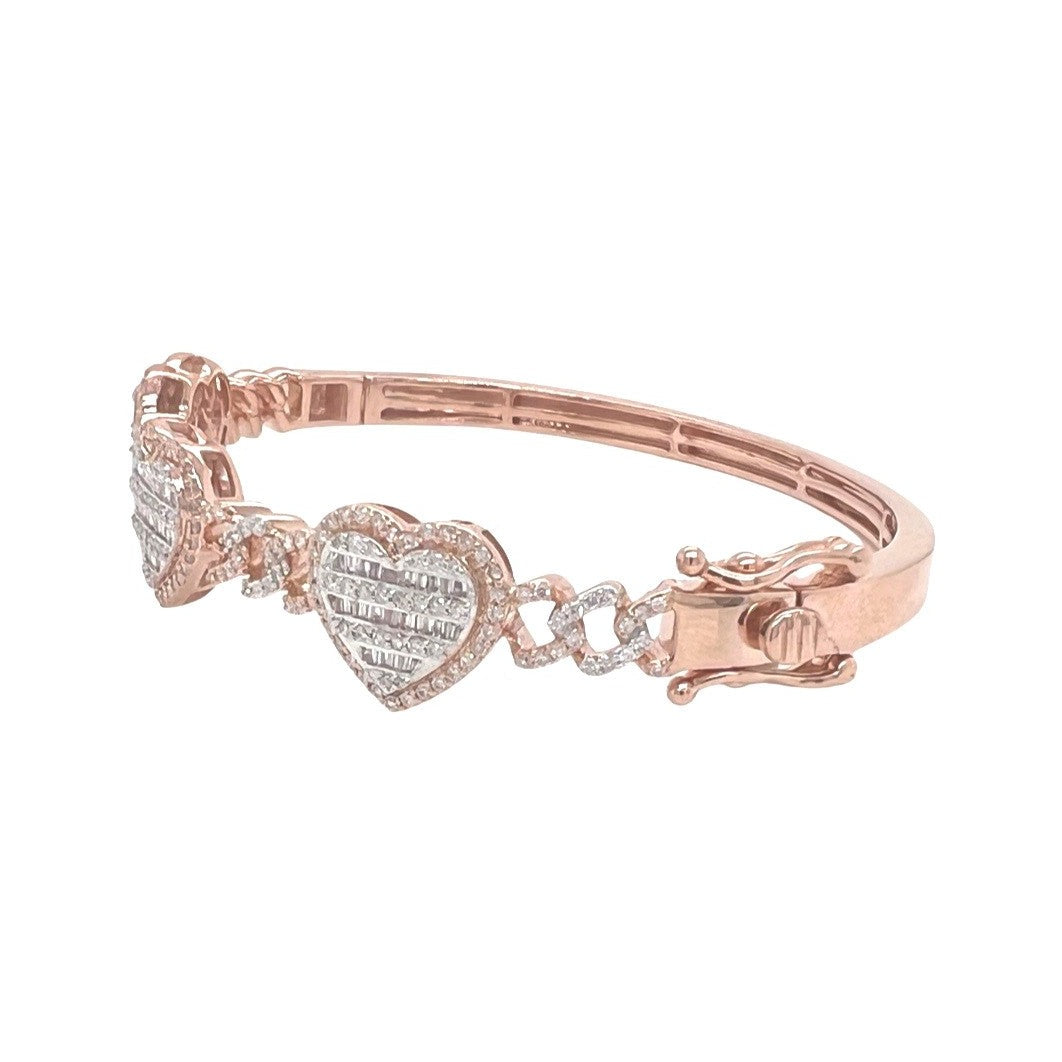 10K Rose Gold Designer Heart Baguette Diamond Bangle Bracelet 1.44 CT 7"