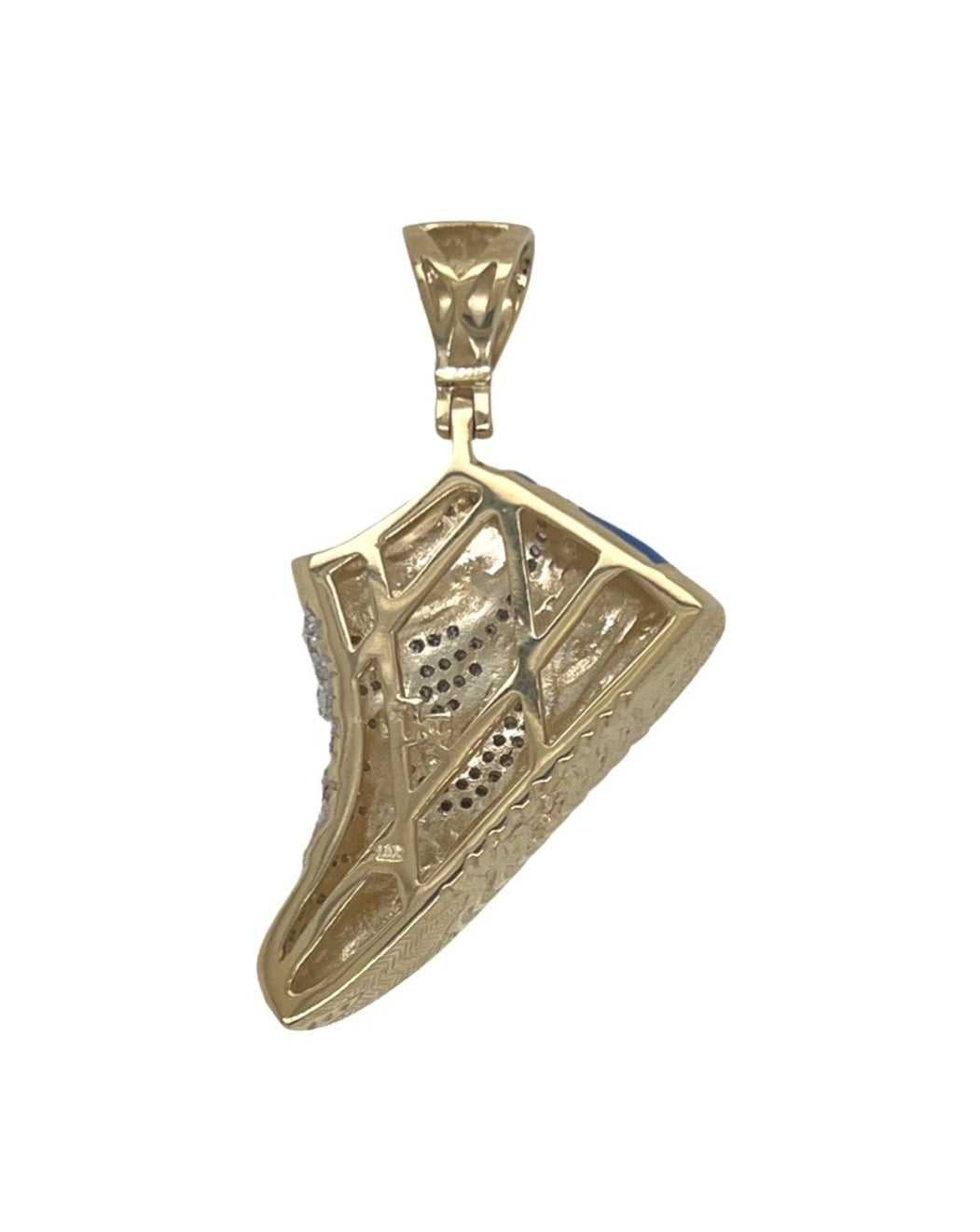 10K Yellow Gold Designer Blue Shoe Sneaker Trainer Diamond Pendant 0.55 CT 1.75"