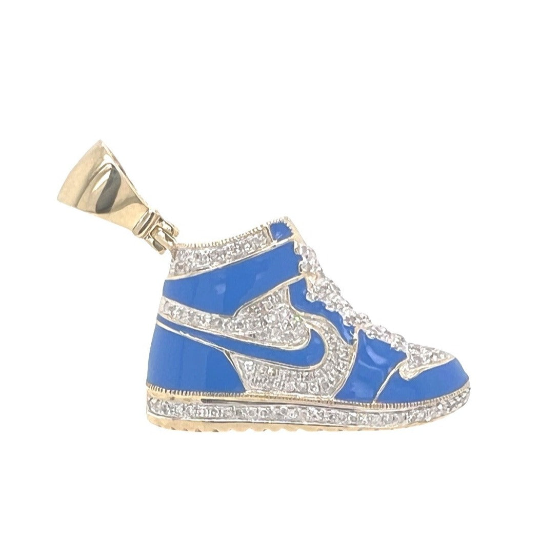 10K Yellow Gold Designer Blue Shoe Sneaker Trainer Diamond Pendant 0.55 CT 1.75"