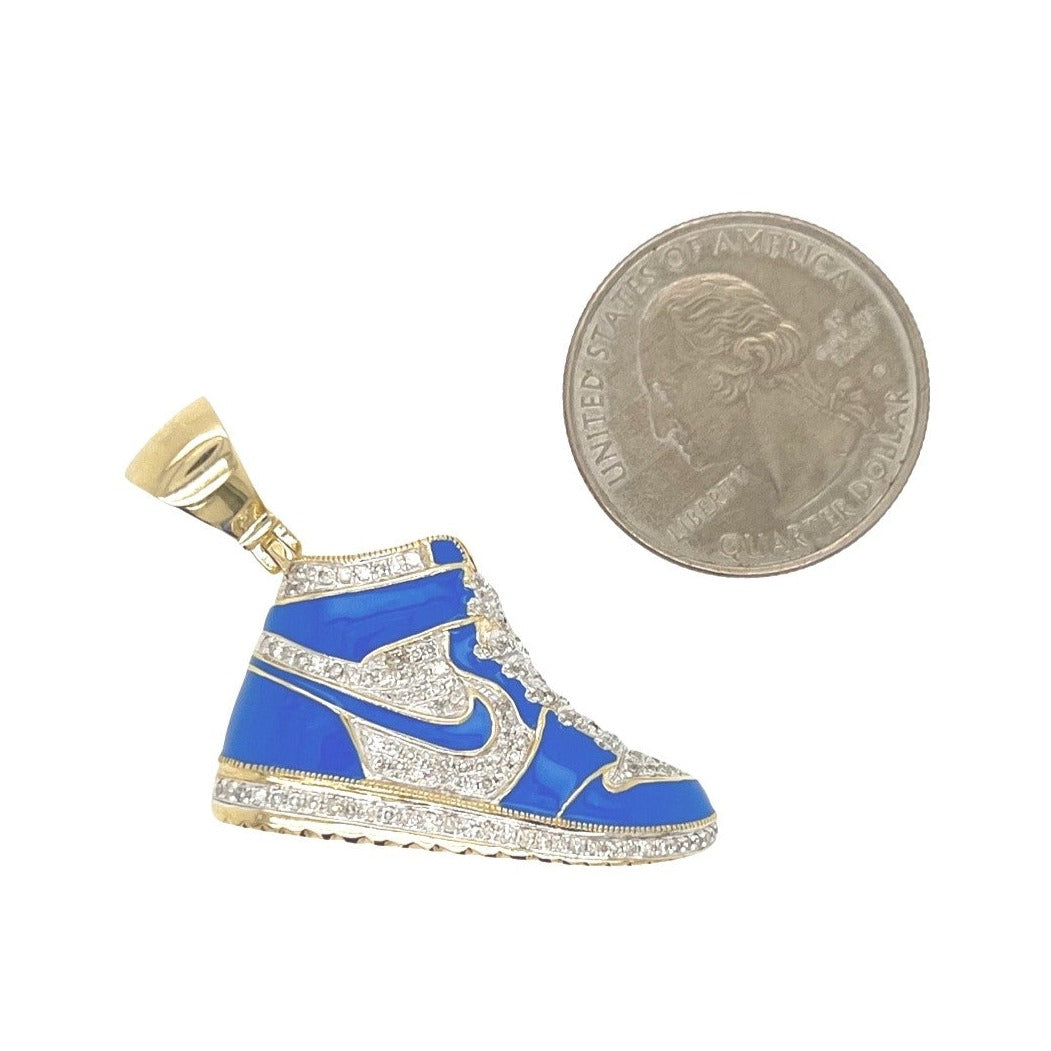 10K Yellow Gold Designer Blue Shoe Sneaker Trainer Diamond Pendant 0.55 CT 1.75"