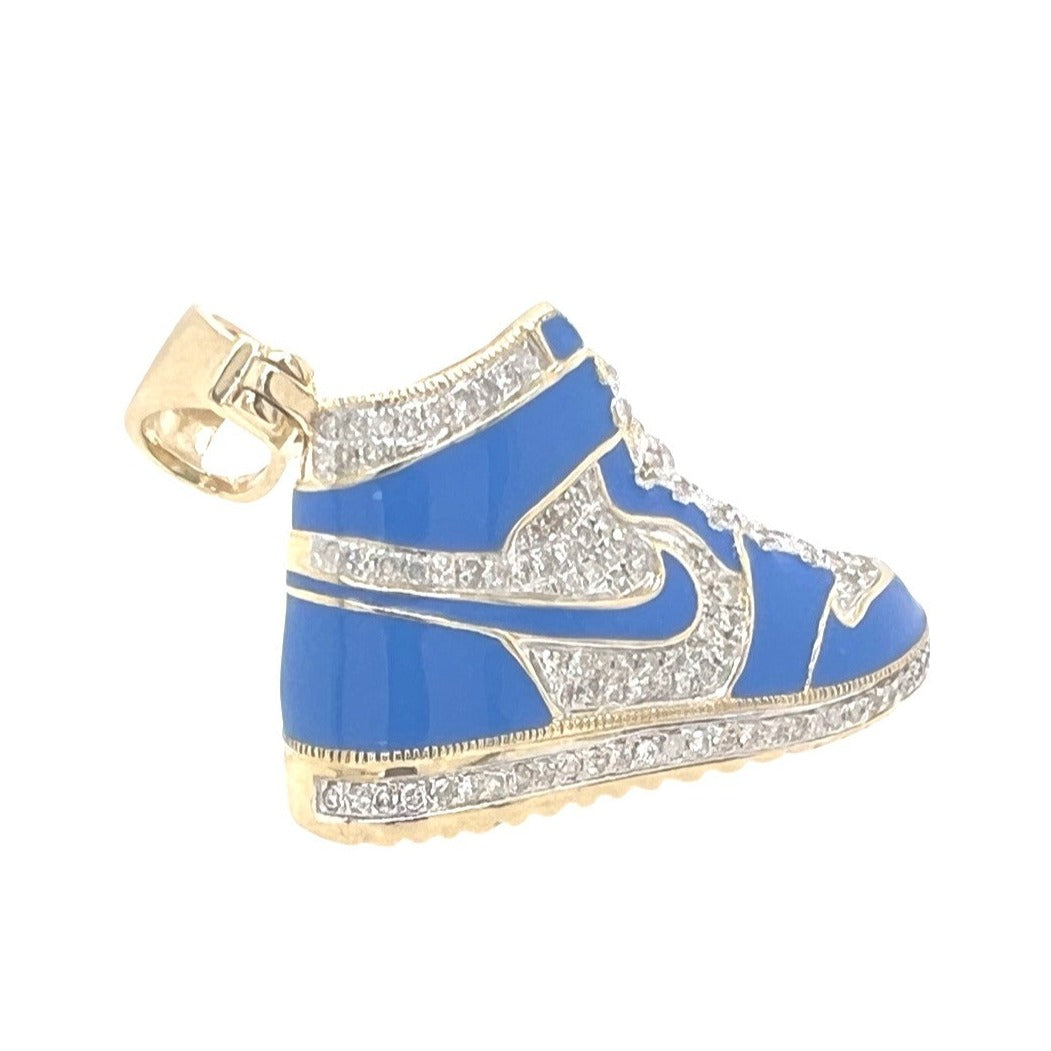 10K Yellow Gold Designer Blue Shoe Sneaker Trainer Diamond Pendant 0.55 CT 1.75"