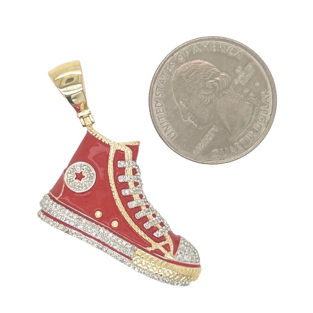10K Yellow Gold Designer Red Shoe Sneaker Trainer Diamond Pendant 0.50 CT 1.75"