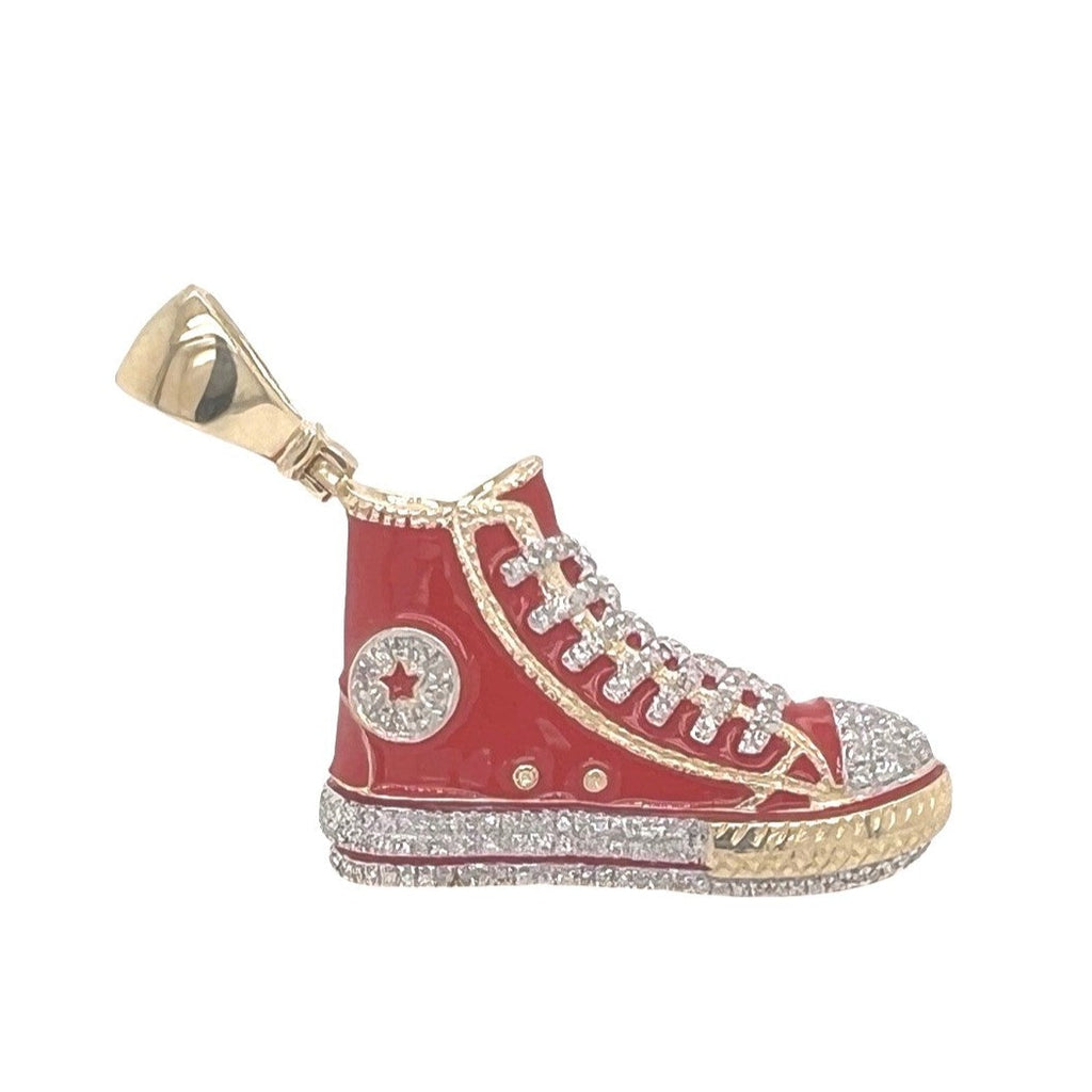 10K Yellow Gold Designer Red Shoe Sneaker Trainer Diamond Pendant 0.50 CT 1.75"
