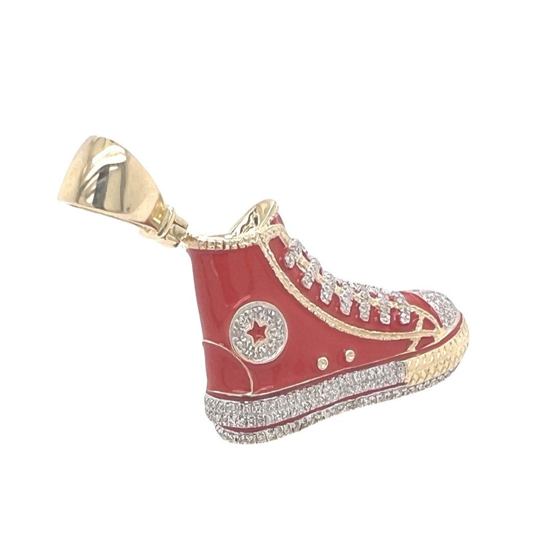 10K Yellow Gold Designer Red Shoe Sneaker Trainer Diamond Pendant 0.50 CT 1.75"