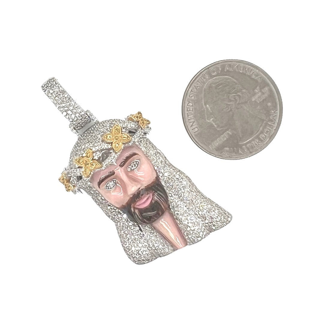 10K White Gold Enamel Crown Jesus Head Diamond Pendant 2.64 CT 2"