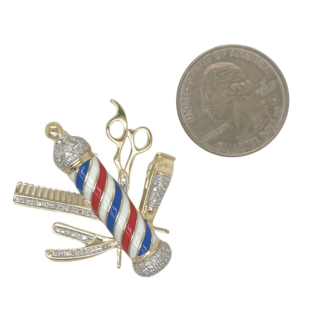 10K Yellow Gold Barber Pole Clipper Kit Diamond Pendant 0.56 CT 1.5"